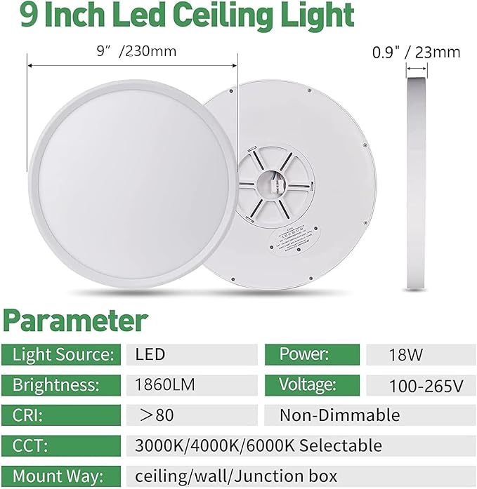 6PK 9 Inch LED Flush Mount Ceiling Light, 18W, 1860LM, 3000K/4000K/6000K CCT Selectable, Round Flat Panel Low Profile Ceiling Light Fixtures for Hallway, Kitchen, Bedroom, Laundry Room