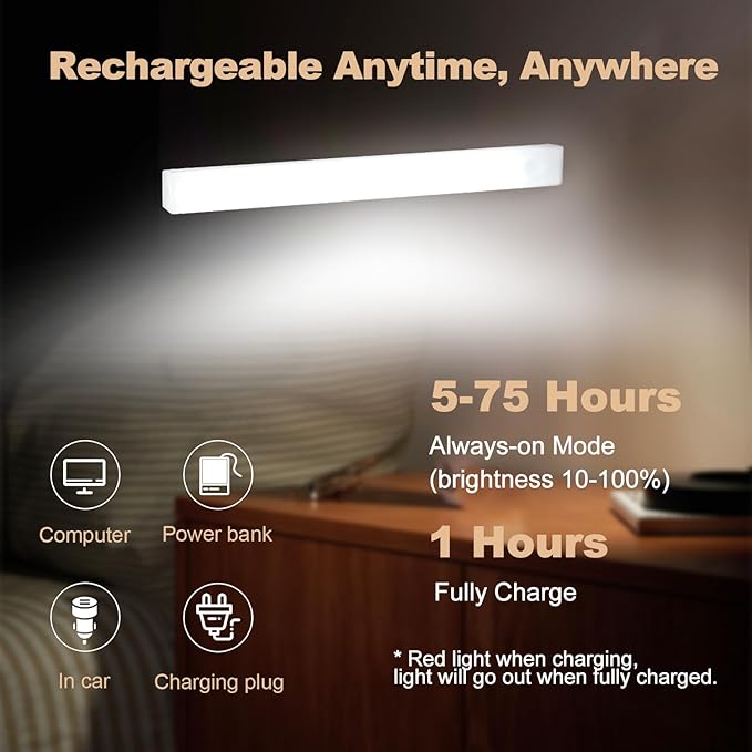 6 Pack Motion Sensor Under Cabinet Light 8 Inch Magnetic LED Closet Lights | Rechargeable Under Counter Light for Stair Bedroom Cupboard