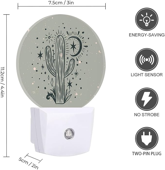 Round LED Night Light,Wild Cactus Desert Arizona Vintage LED Night Light Plug into Wall with Dusk to Dawn Light Sensor White Energy Efficient Nightlight for Bedroom Hallway Living Room Kitchen