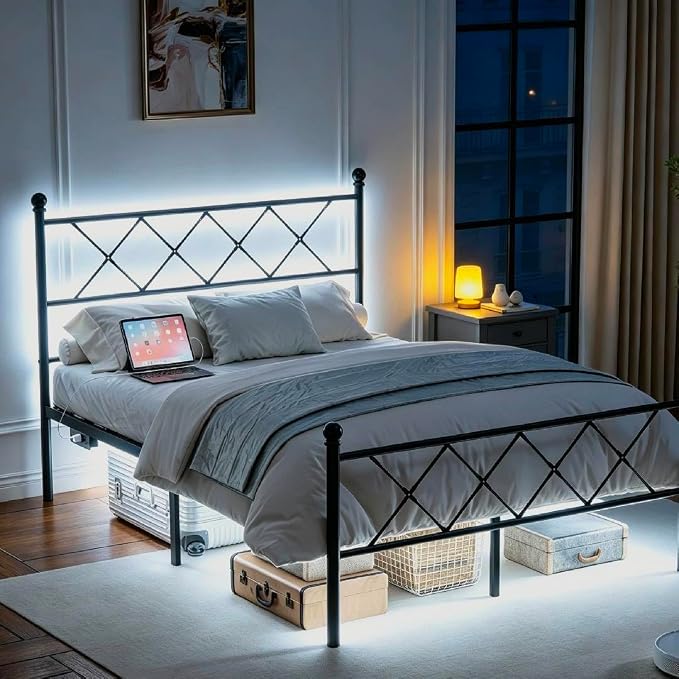 VINGLI Full Bed Frame with LED Lights & Charging Station, Metal Platform Bed Frame with Headboard, USB Ports, Under Bed Storage, Noise Free, No Box Spring Needed, Easy Assembly, Black