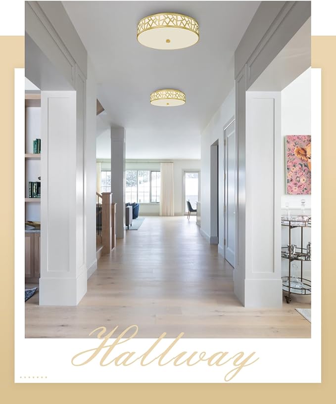 2-Light Flush Mount Ceiling Light, 12 inch Modern Close to Ceiling Light Fixture with Gold Metal and Frosted Glass Shade for Hallway, Kitchen, Bedroom