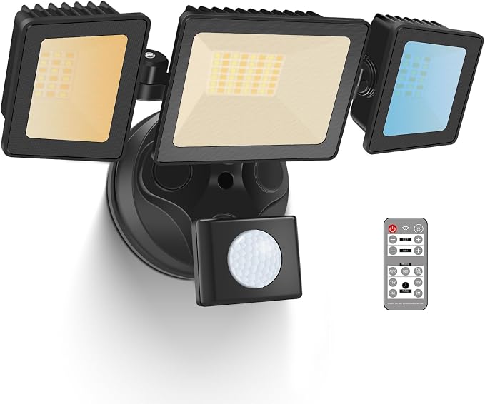 LED Security Lights Motion Sensor, 36W 3000LM Flood Lights Outdoor Motion Sensor with Remote, Dimmable Brightness 3000K-6000K CCT IP65 3 Heads Outdoor Security Light for House Garage Yard 1 Pack