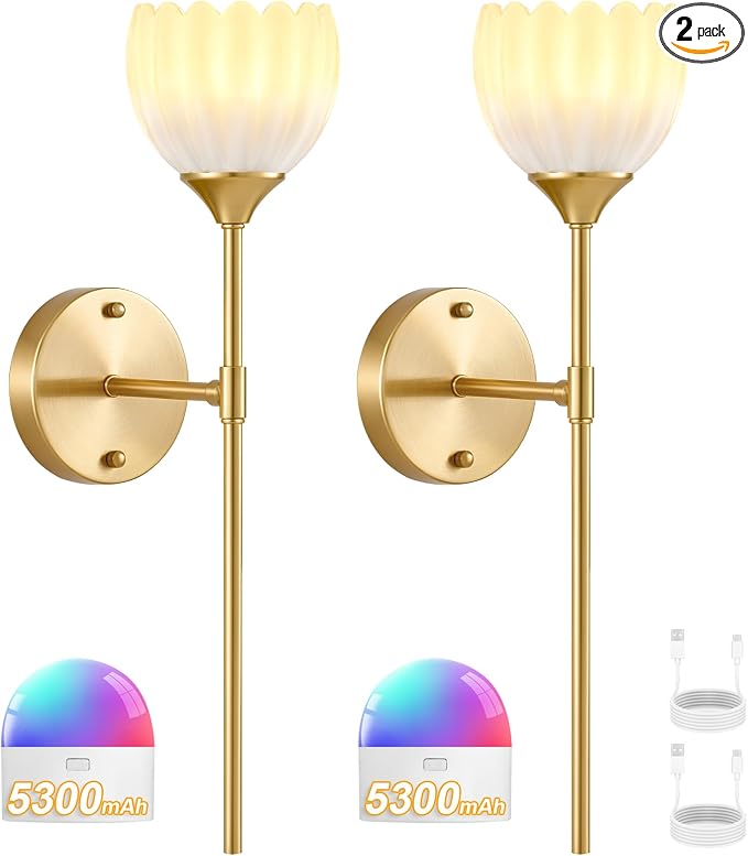 Vintage Battery Operated Wall Sconce Set of 2, White Tulip Glass Lampshade Wireless 5300 mAh Rechargeable Battery Powered LED Wall Light with Remote Dimmable for Bedroom Bathroom Living Room