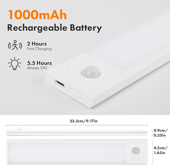 2 Pack Under Cabinet Lighting, 3 Colors & Dimmable Motion Sensor Light Indoor, 900mAh Rechargeable Under Cabinet Lighting Magnetic for Kitchen, Stairs, Closets, White(ABS+PC)