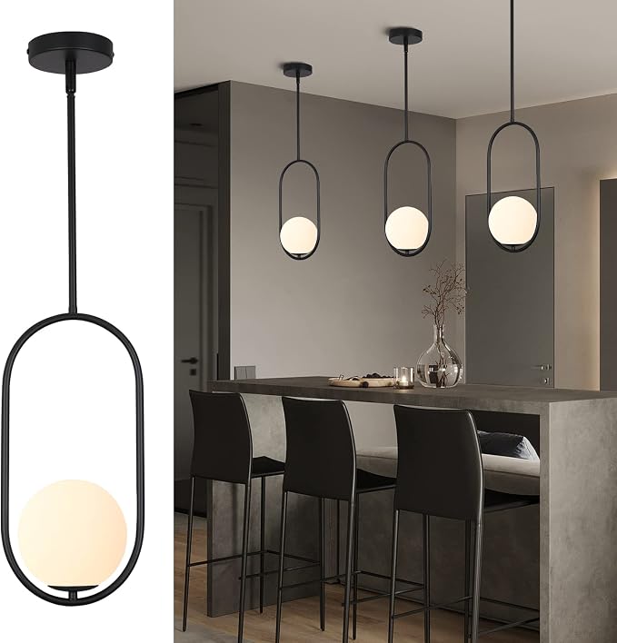 SeeU Modern Pendant Lighting One Light Chandelier Globe Black Pendant Light Indoor Hanging Light Fixture for Kitchen Island Dinning Room Bedroom