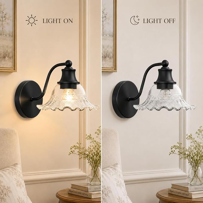 Matte Black Bathroom Wall Sconce Vintage Style, E26 Easy Mounted | Vanity Light with Flower Glass Shade, Bathroom Wall Lighting Fixture Beside Mirror, Easy Mounted for Bedroom, Hallway