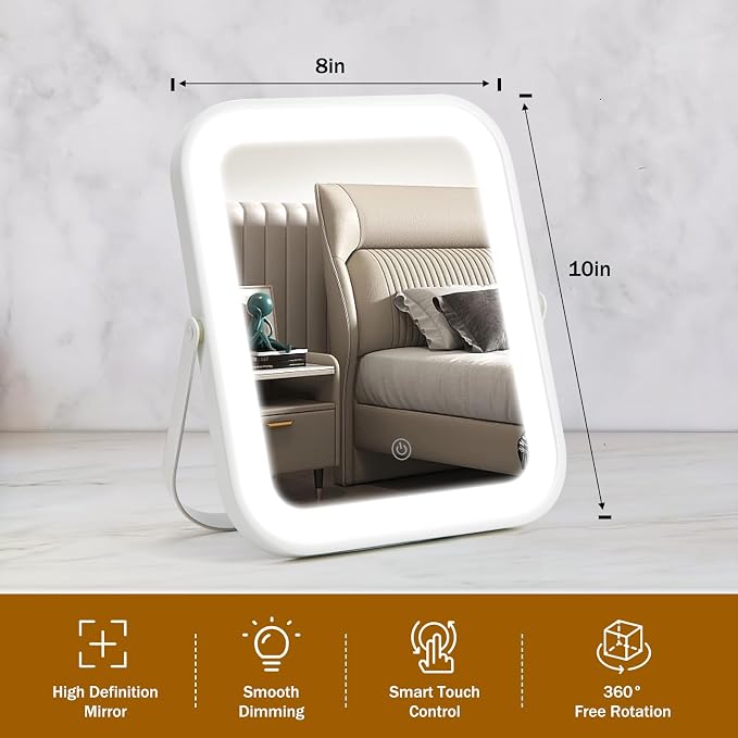 Rechargeable Vanity Mirror with Lights, 10"×8" Makeup Mirror with Lights, 1500mAH Battery, Smart Touch with 3-Color Lighting, Dimmable, HD Desk Mirror, Travel Essentials, Women Gift (White)
