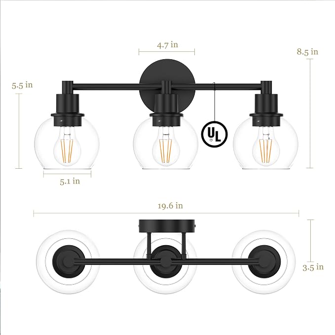 3 Lights Bathroom Vanity Light Fixtures Black, Bathroom Lights Over Mirror, Industrial and Farmhouse 3 Lights Wall Sconce, Matte Black Globe Vanity Lighting Fixtures