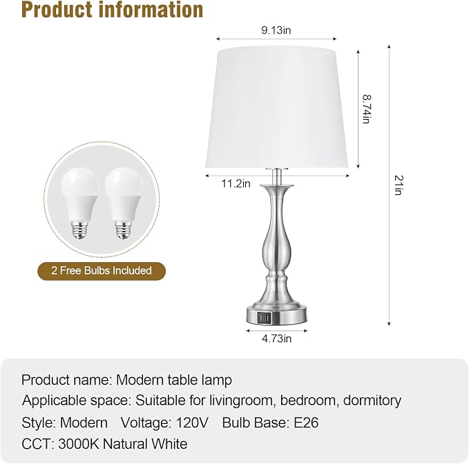 Bedside Table Lamp Touch Control Bedroom Lamps with USB A + C Charging Port 3 Way Dimmable Touch Lamps for Nightstand Living Room Bedroom Dorm Home Office Reading, Set of 2 (White Shade & Nickel Base)