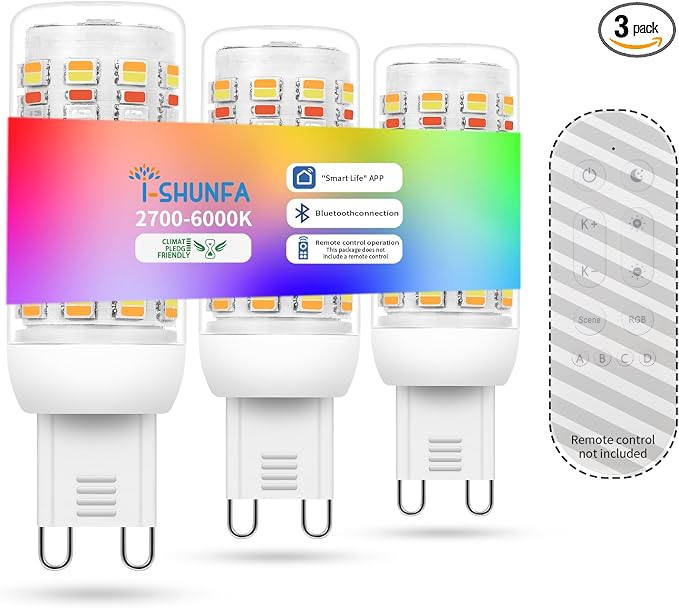 I-SHUNFA Smart G9 RGBCW LED Bulbs, App Control | AC 120V, 2700K-6500K + 16M Colors, Dimmable 1%-100%, 4W 400LM, Music Sync, Timer (3 Pack Bulbs Only)