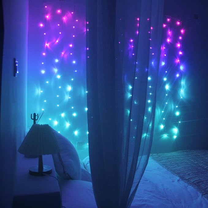 Curtain Lights Pink Blue Purple Fairy Lights for Bedroom Wall Hanging for Teen Girls Unicorn Mermaid Under The Sea Ocean Nautical Beach Themed Room Decor (Purple Blue Ombre)