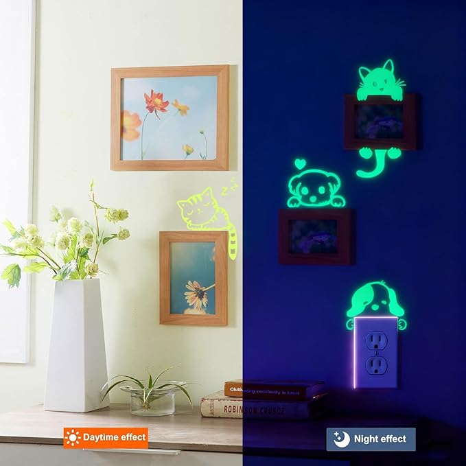 4 Pcs Cute Cartoon Switch Labels cat & Dog Puppy,Glow in The Dark Light Switch Cover Set,Light Switch Labels Stickers for House, Luminous pet Wall Decals for Bedroom,Art Mural Paste