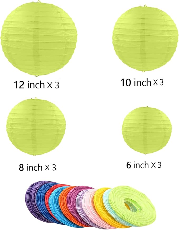 12pcs Paper Lanterns with 12pcs LED Lights, 6" 8" 10" 12" Round Hanging Ball Lantern for Wedding Anniversary Birthday Party Decorations