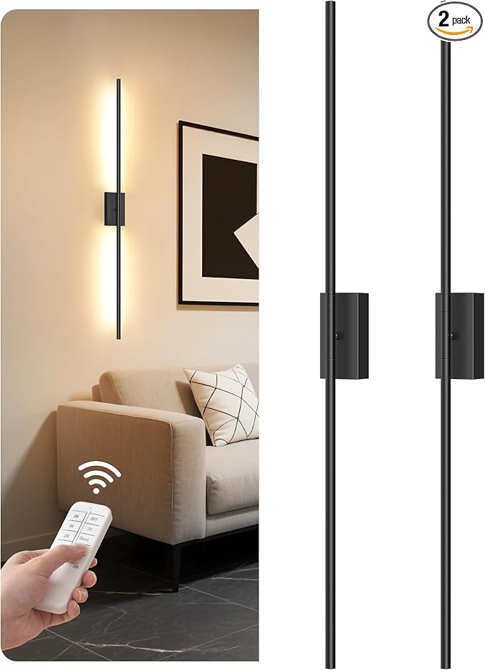 39.4" Wireless Wall Sconces Battery Operated Set of 2, Rechargeable Lamps with Remote, 360° Rotation, 10000mAh, Touch Dimmable Lights for Bedroom, Living Room, Hallway, Black B07YBP205
