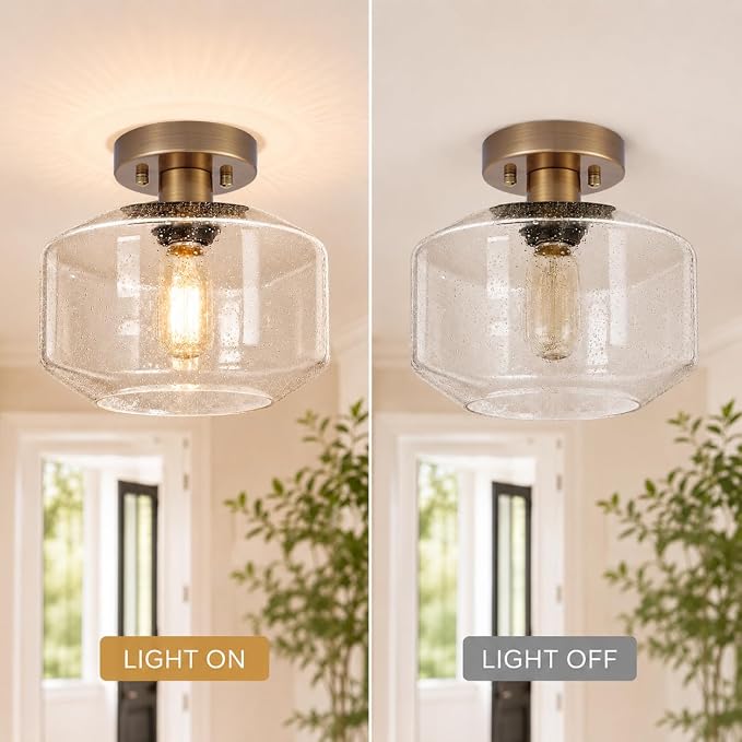 Brushed Antique Brass Semi Flush Mount Ceiling Light, Vintage Small Ceiling Light Fixture, Hallway Lighting Fixture with Bubble Glass, Kitchen Ceiling Mount Light for Entry Way, Bedroom, Bathroom