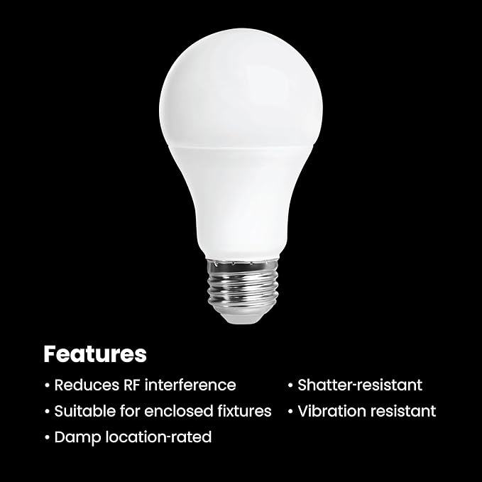 Feit Electric A19 LED Light Bulb, 60-Watt Equivalent Garage Bulb, 800 Lumens, E26 Medium Base, 3000K Bright White, Instant On, General-Purpose Household Lighting, 11,000-Hour Lifetime, 4 Pack