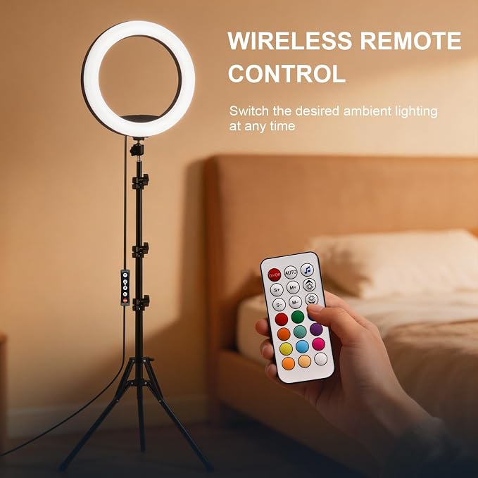 13" Selfie Ring Light with 76" Tripod Stand & 3 Phone Holder, LED Camera Ringlight with 48 RGB Colors Modes & Musical Rhythm Mode and 12 Brightness Dimmable for Makeup/Photography/Videos/Vlog/TikTok