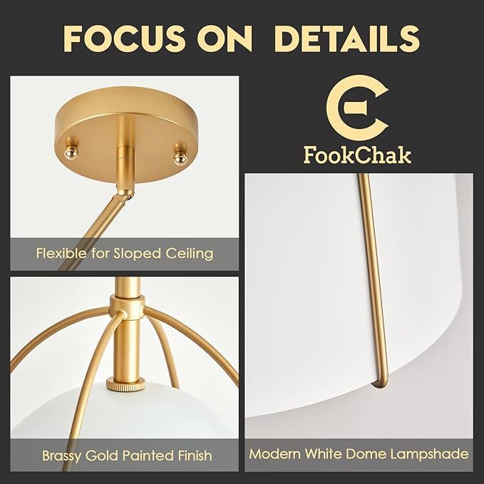 10in Dome Pendant Light White Kitchen Island Pendant Lighting Modern White & Gold Pendant Lights Fixture for Dining Room Kitchen Sink, E26