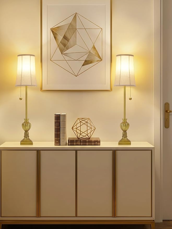 Buffet Table Lamps Set of 2 - 28" Tall Skinny Brass Resin Finish Table Lamp for Living Room - Traditional Farmhouse Buffet Lamp with Pull Chain for Console Table,Dining Sideboard,Entryway,Hallway