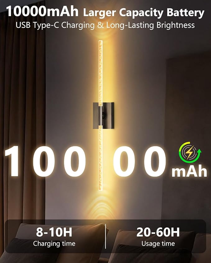 Battery Operated Wall Sconces Set of 2, Crystal Bubble Wireless Wall Light | Rechargeable 10000mAh, Touch & Remote Control, 360°Rotate 4CCT Dimmable, Wall Lamp for Living Room Bedroom Hallway Black