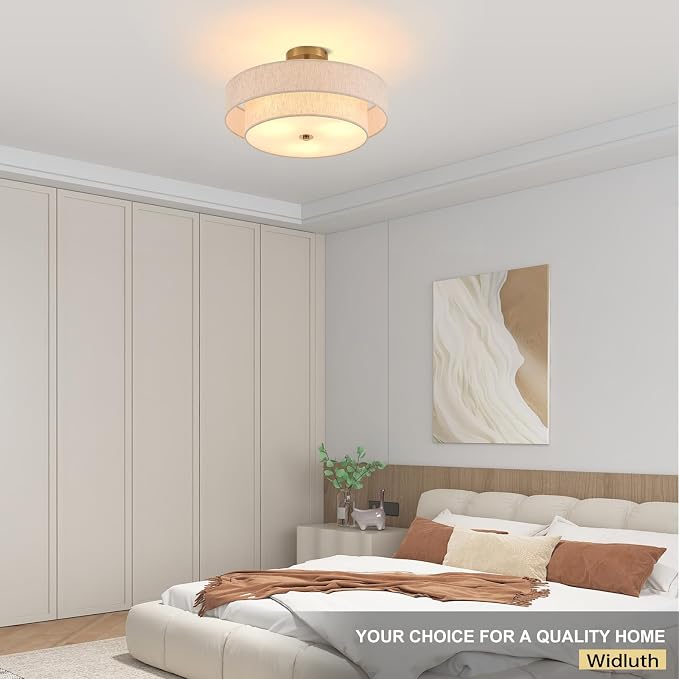 18" Gold Semi Flush Mount Ceiling Light, 3-Light Double Drum | Beige Linen Double Drum Shade, Modern Gold Light Fixture For Bedroom,Living, Kitchen,Laundry; Close-To-Ceiling, E26, Dimmable