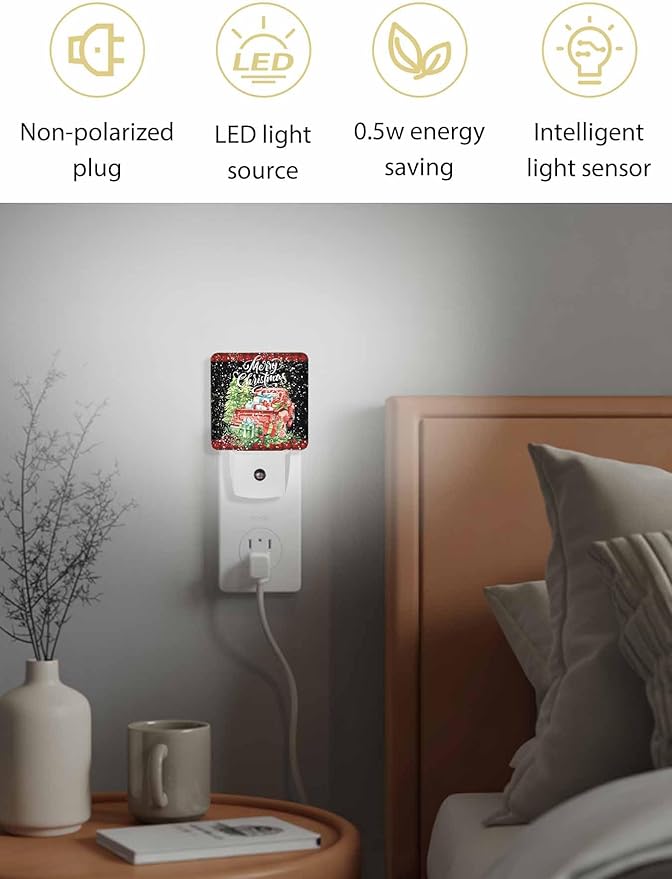 Christmas Night Lights Plug into Wall LED Night Light Christmas Tree Truck with Gift Red Plaid Automatic Dimmable Dusk-to-Dawn Square Shaped Smart Nightlight for Bathroom/Bedroom