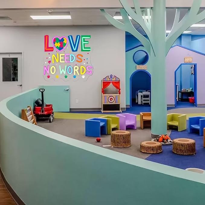 Autism Neon Sign Love Needs No Words Neon Sign for Wall Decor, Dimmable Autism Awareness LED Light Sign for Bedroom Office Classroom, Ideal Gifts for Autistic Children