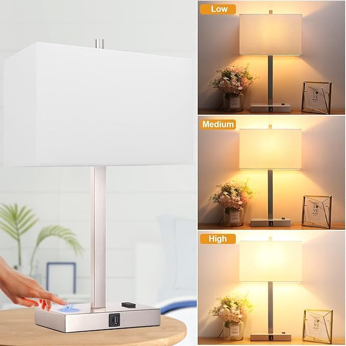 21" Touch Bedside lamps with 2 USB & AC Outlets, 3-Way Dimmable Bedside Table Lamps Set of 2 for Bedroom Living Room Office Reading, White Shade Lamps for Night Stands, 3000K LED Bulbs Included