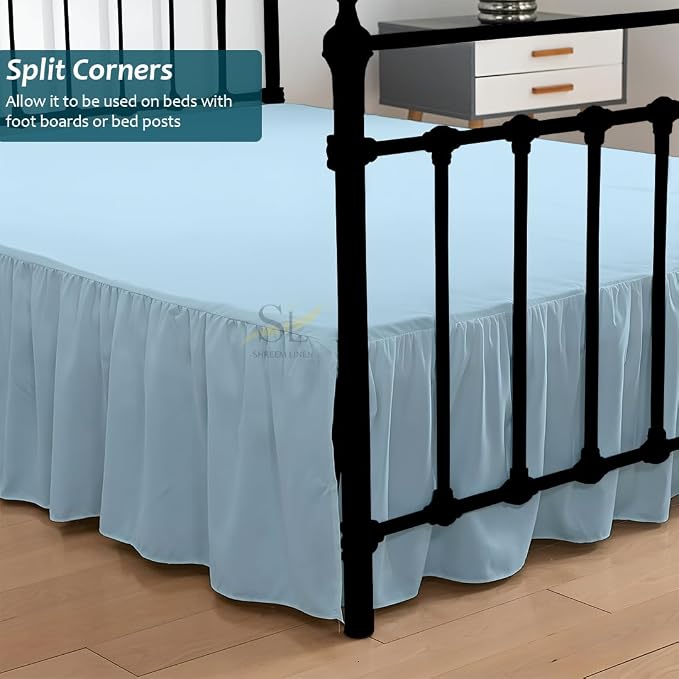 Shreem Linen Ruffled Bed Skirt with Split Corners, Gathered Style, 100% Microfiber, 16-Inch Drop, Dust Ruffle Bedskirt with Platform, King, Light Blue