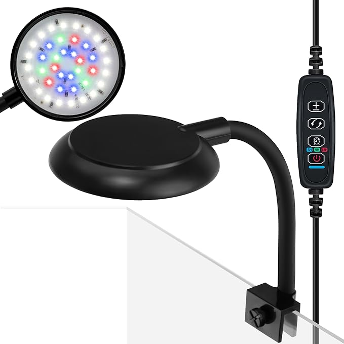 Mini Clip On Aquarium Light 7W Dimmable Small Fish Tank Light USB Moving Lamp with White Red Blue Green LED for 1 to 3 Gallon Tanks (with Timer)
