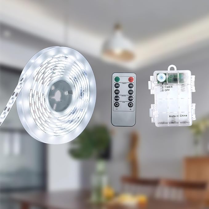 Battery Powered Led Strip Lights,6.56FT 120Led Battery led Strip Lights for Remote,Blinking,Dimmable,Timer,Cuttable,for Indoor Outdoor TV Table Boat Kitchen Christmas,Waterproof（White）