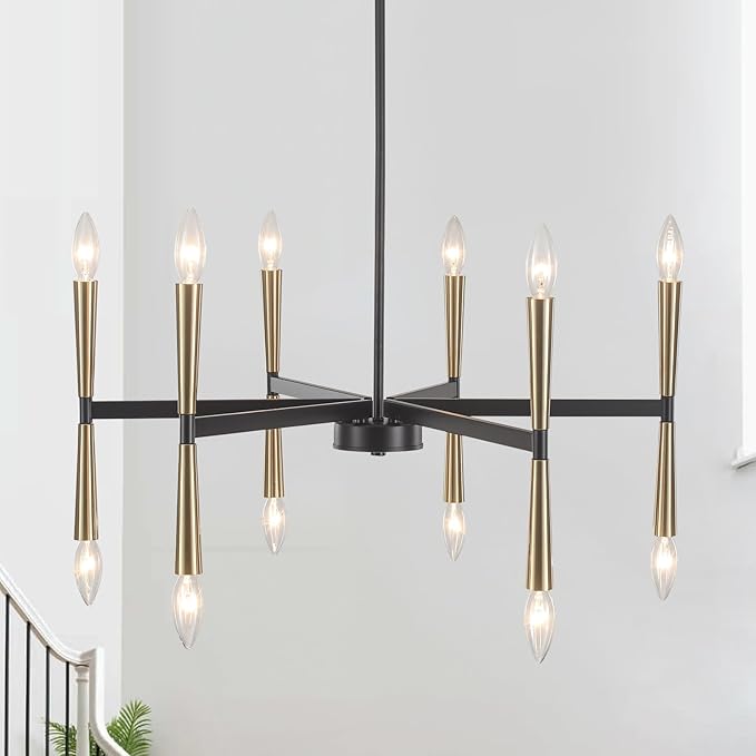 12 Light Black and Gold Modern Farmhouse Chandelier, Large Foyer Chandeliers for High Ceilings, Gold Pendant Light Fixture for Living Room Dining Room Staircase Entryway Kitchen Over Table