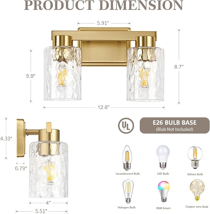 2-Light Bathroom Light Fixtures with Water Ripple Glass, Gold | Vanity Lights, Modern Wall Sconces, Over Mirror for Bathroom, Powder Room, Living Room