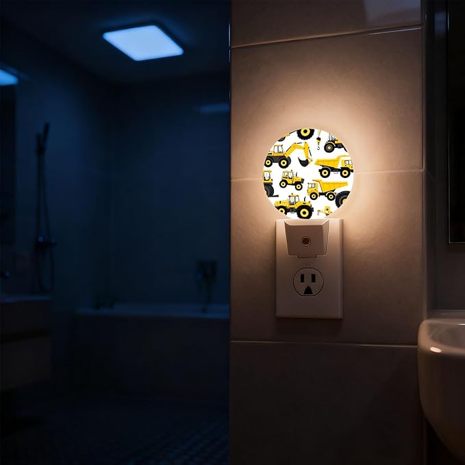 Mugod Yellow Construction Vehicles Pattern Plug-in Nightlights Cute Cartoon Night Light Plug into Wall with Dusk-to-Dawn Sensor LED Lighting 0.5W Sleep-Friendly