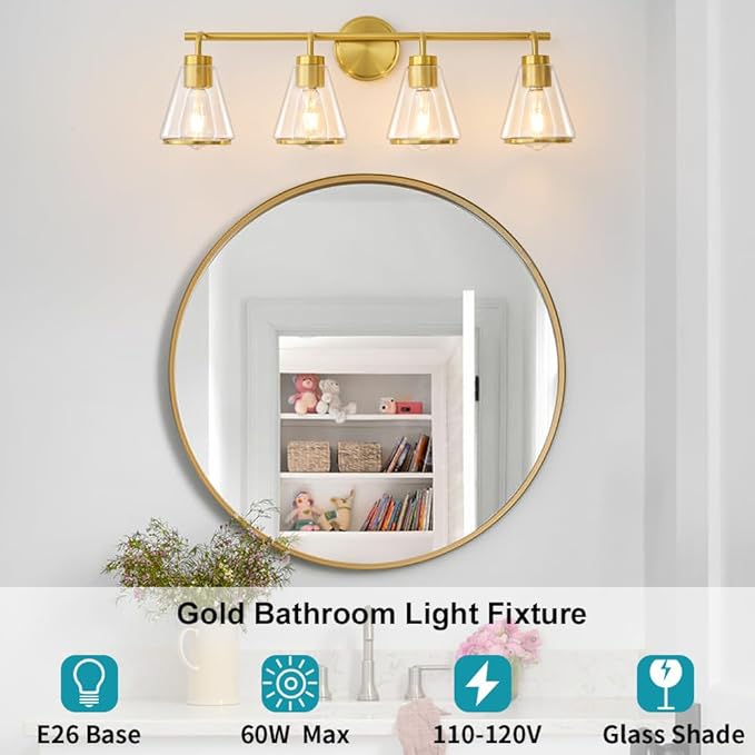 Gold Vanity Light 4 Light Bathroom Vanity Light Fixtures Over Mirror with Clear Glass Shade, 30 Inch Lights for Bathroom Modern Wall Sconce Lighting (Exclude E26 Bulb)