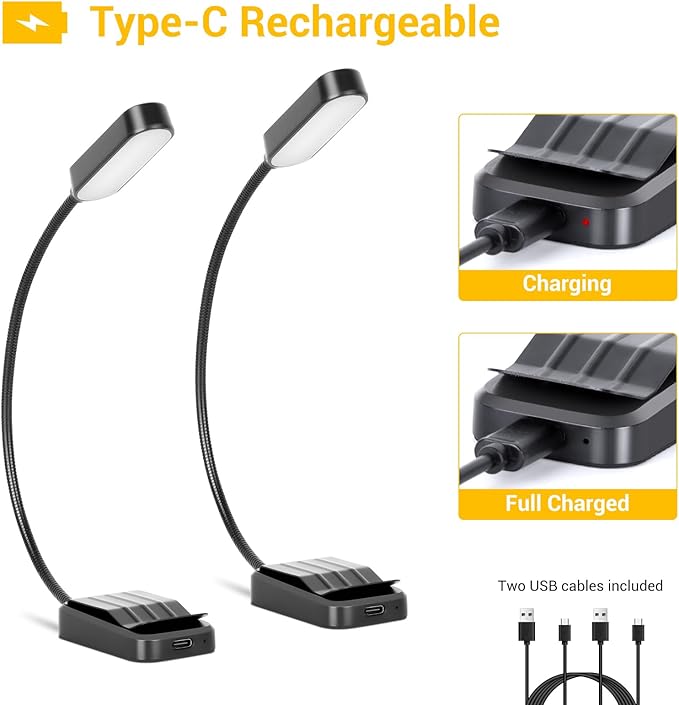 Book Light 2 Pack, Rechargeable Reading Lights for Books in Bed-Eye Caring 3 Colors, Stepless Dimming, 360° Flexible Studying Small Desk Lamp, Lightweight Clip-on LED Night Light for Book Lovers, Kids