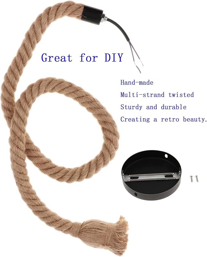 2 Pack Hemp Rope Pendant Light Kit - 3.7ft Vintage Farmhouse Hanging Cord with E26/E27 Socket, Adjustable Single Head Ceiling Light for Kitchen Island, Cafe, Bar, Tea House & Industrial Decor
