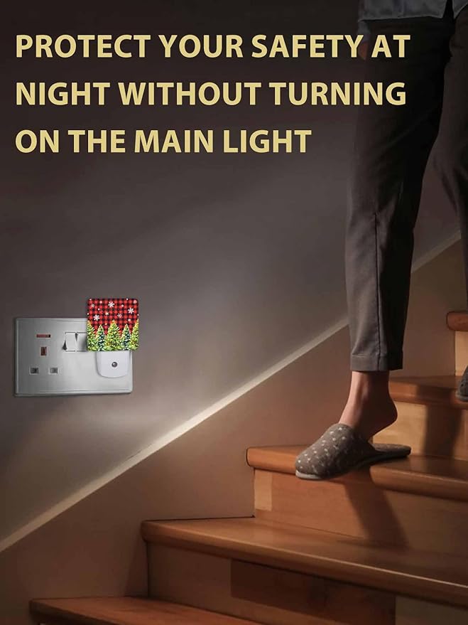 Christmas Night Lights Plug into Wall LED Night Light Christmas Tree with Bow Snowflake Red Plaid Automatic Dimmable Dusk-to-Dawn Square Shaped Smart Nightlight for Bathroom/Bedroom