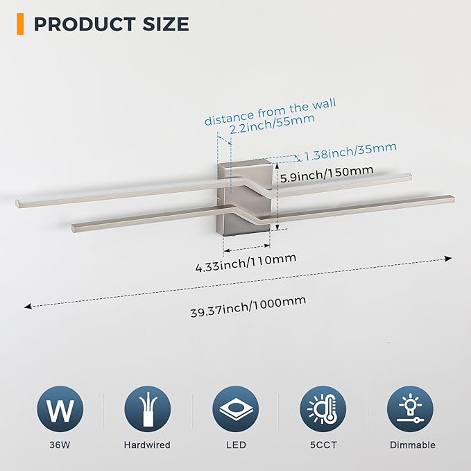 39.4 Inch Vnaity Lighting Led Bathroom Lights Over Mirror Brushed Nickel Dimmable 5CCT 36W Modern Bath Vanity Lights Bar Wall Sconces