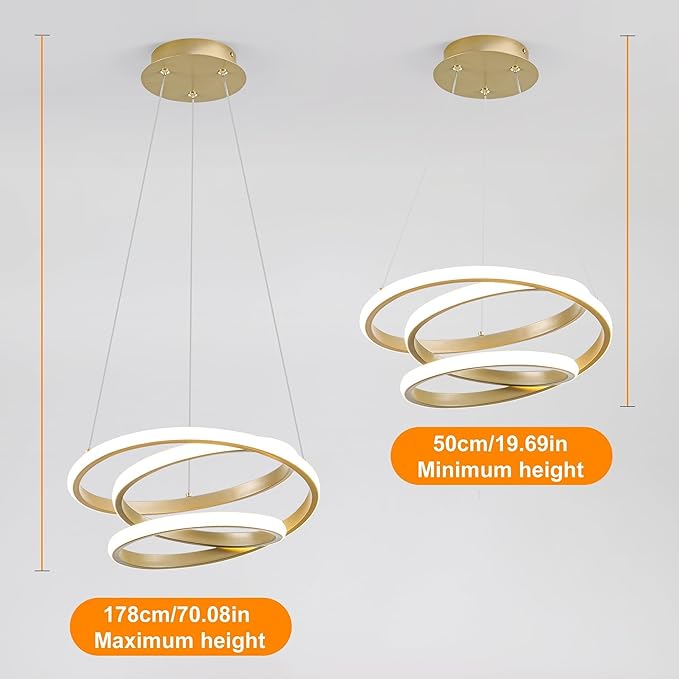 Mayful Modern Chandelier with Remote Control, 3-Color Dimmable LED Pendant Light Fixtures, Height Adjustable Kitchen Island Lighting for Dining Room,Bedroom,Living Room,Foyer,Office Gold 13.78 inches
