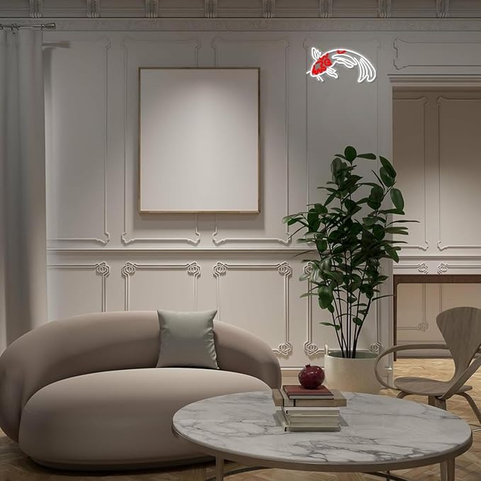Koi Fish Neon Sign for Wall Decor Koi Carp Neon Light Japanese Fish Led Neon Signs White Red LED Neon Lights Lucky Sign 16.7”x9.3” for Bedroom Hotel Store Decoration