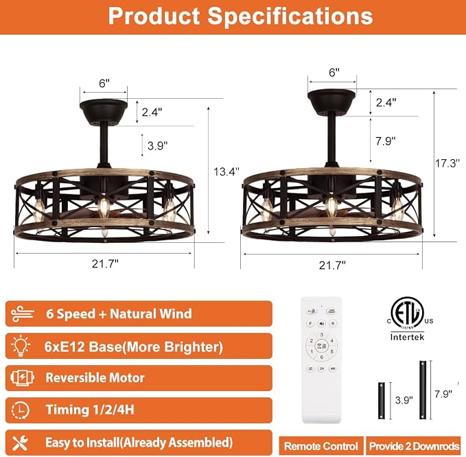 SHLUCE 22 Inch Farmhouse Fandelier Ceiling Fan with Light, ETL Listed | Remote Controlled, Rustic Caged Design, Quiet Operation, Energy Efficient, Indoor Ceiling Fan for Kitchen & Living Room Use