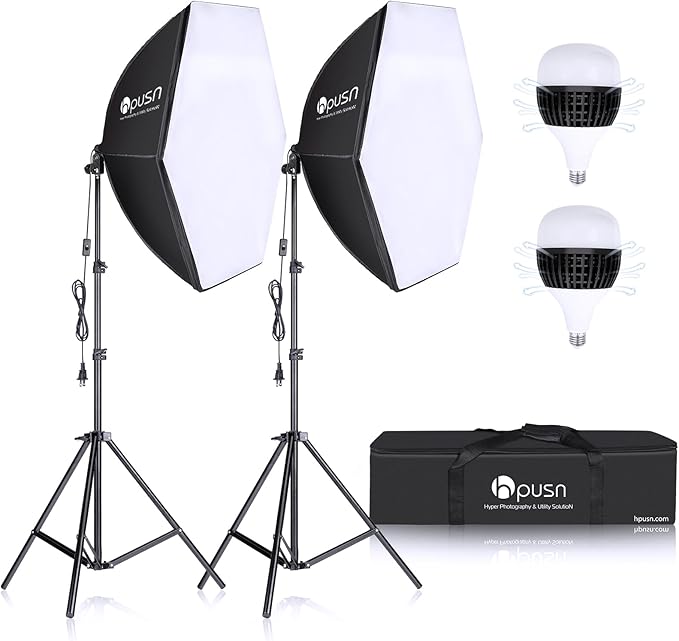 HPUSN Softbox Lighting Kit 2x76x76cm Professional Continuous Studio Photography Photo Studio Equipment with 2pcs E27 Socket 85W 6500K LED Bulbs for Portrait and Product Shooting
