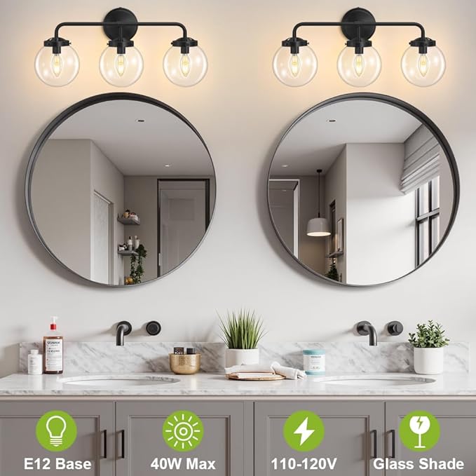 Black Bathroom Vanity Light Fixtures Over Mirror, Modern Matte Black 3 Lights Wall Sconce Lighting with Transparent Glass Ball Shade, Mid Century Farmhouse Vanity Lights