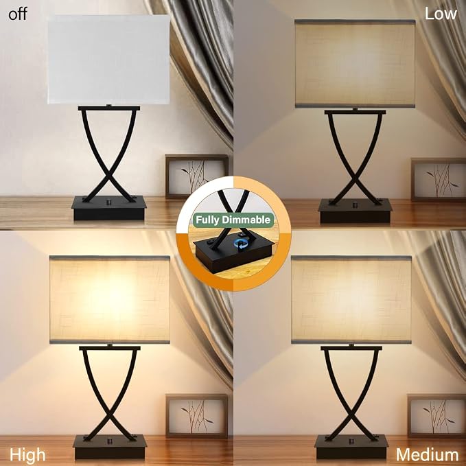 OYedis Fully Dimmable Medium Table Lamp for Bedroom with Type C/USB Charging Port and 1 AC Outlet White Shade 21.38" Bedside Nightstand Lamp for Living Room Office and Hotel Bulb Included