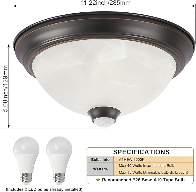 Outdoor Motion Sensor Flush Mount Ceiling Light with 6 Modes and 2 Bulbs | Dusk to Dawn Close to Ceiling Fixture with Remote Control, Suitable for Patio Garage Hallway and Outdoor Porch Lighting