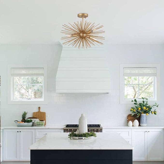 Modern Sputnik Chandelier Ceiling Light Fixture,4-Light Gold Semi Flush Mount Ceiling Light,20in Solid Metal Starburst Satellite Urchin Chandelier for Entry Dining Room Bedroom Kitchen Foyer