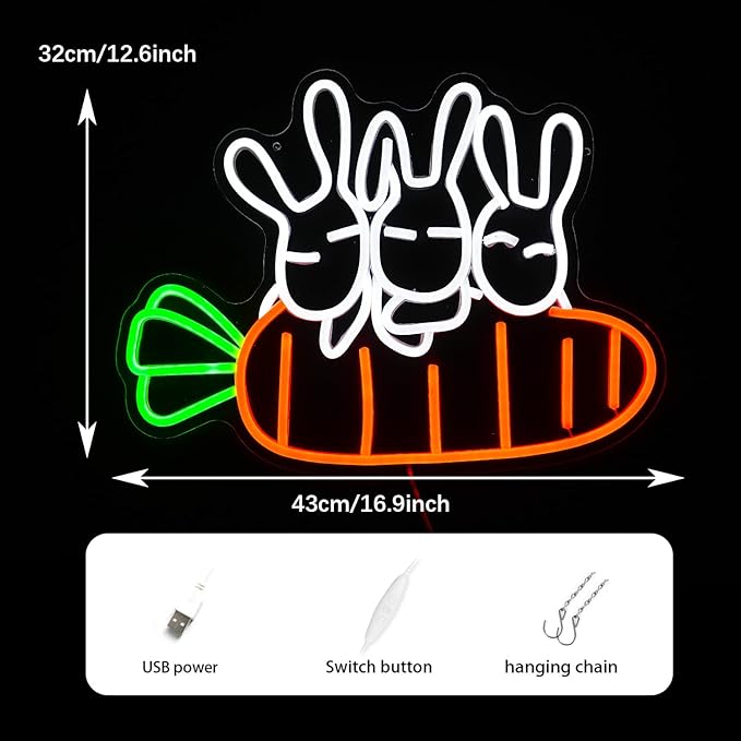 Rabbit Carrots Neon Sign Led Easter Neon Light For Wall Decor Light Up Carrots Sign USB Powered Rabbit Neon Light Signs For Art Restaurant Easter Party Animal kindergarten Room Childrens Birthday Gifts (16.9‘’*12.6‘’）