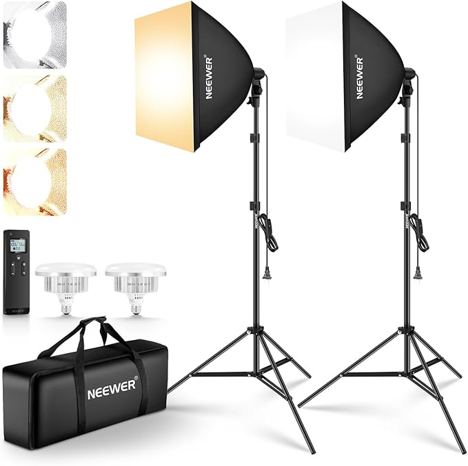 NEEWER 2Pcs 24"x24" 900W Equivalent Softbox Lighting Kit with Tripod Stands, 45W Bi Color 2.4G LED Bulbs, Remote, 10 Channels 2900K-7000K 1400lx/m CRI95, Photography Continuous Lighting Kit, NK103