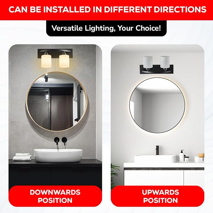 Hollywood Style Modern Wall Mount Lighting, Bathroom Vanity Light Bar, Interior Fixtures with Modern Glass Shade, Lights Over the Mirror (Matte Black, 2-Lights)